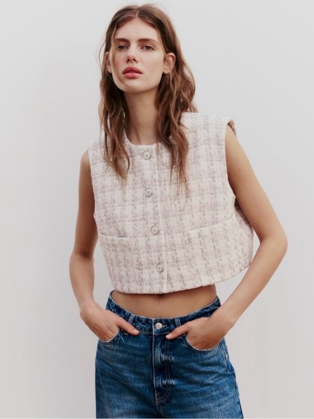 Zara Pink Tweed Cropped Button-Front Tank